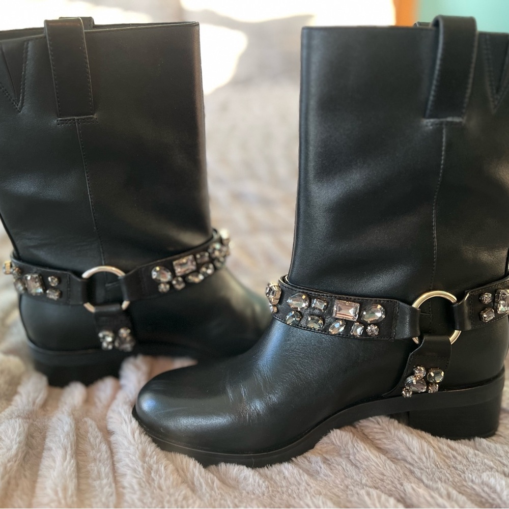 White House Black Market Black Jeweled Leather Moto Boots NWOT (dust covers inc)